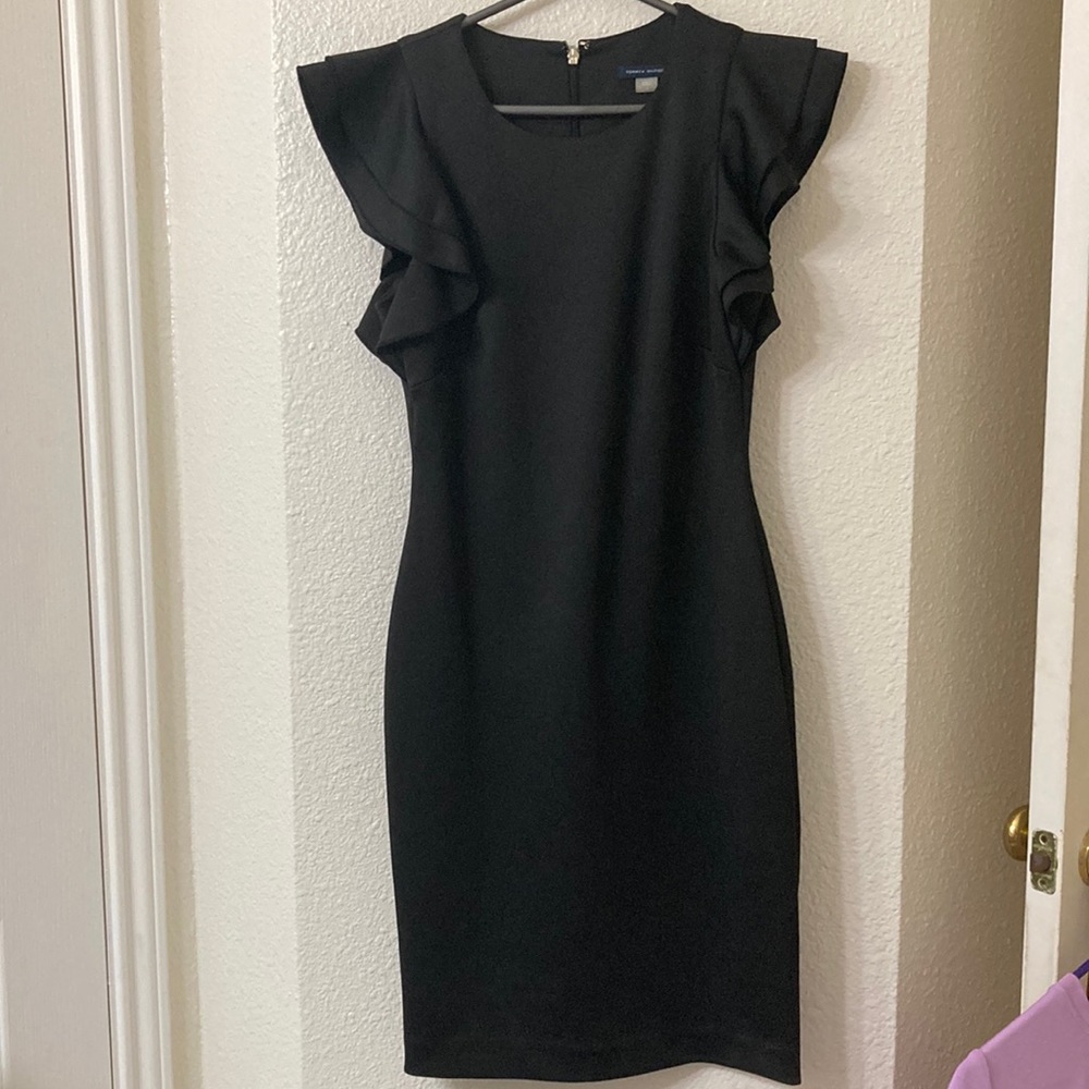 Tommy Hilfiger Scuba Crew Neck Flutter Ruffle Cap Sleeve Sheath Dress